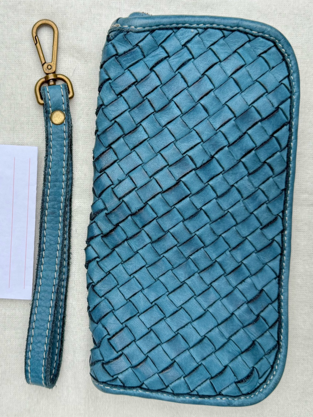 Vintage Vera Pelle Leather Woven Wallet in Denim with Wristlet, Made in Italy